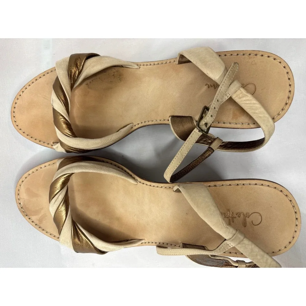 COLE HAAN Tan Bronze Metallic Nike Air Twisted‎ Strap Wedge Sandals Sz 10 Boho